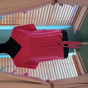 Janetchung hot pink eyelet square cut out detail on shoulders front tie